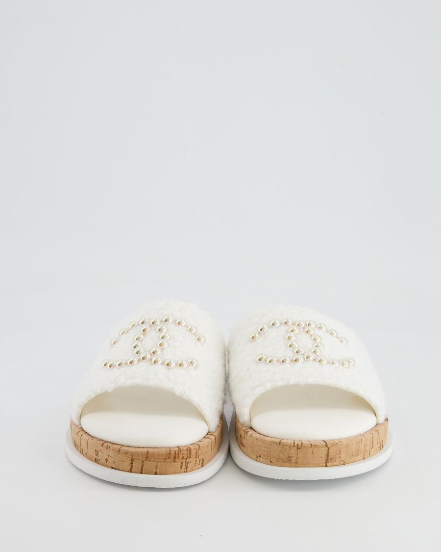 Chanel White Tweed Mules with Pearlescent CC Logo Size EU 40