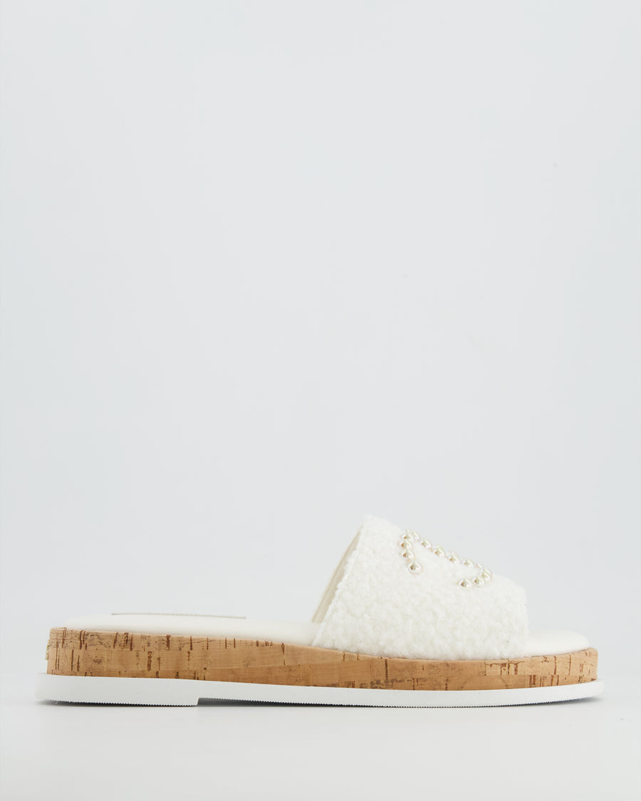 Chanel White Tweed Mules with Pearlescent CC Logo Size EU 40