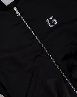Gaëlle Paris Black Bomber Jacket with Raunched Sleeves and Crystal G Detail Size IT 42 (UK 10)