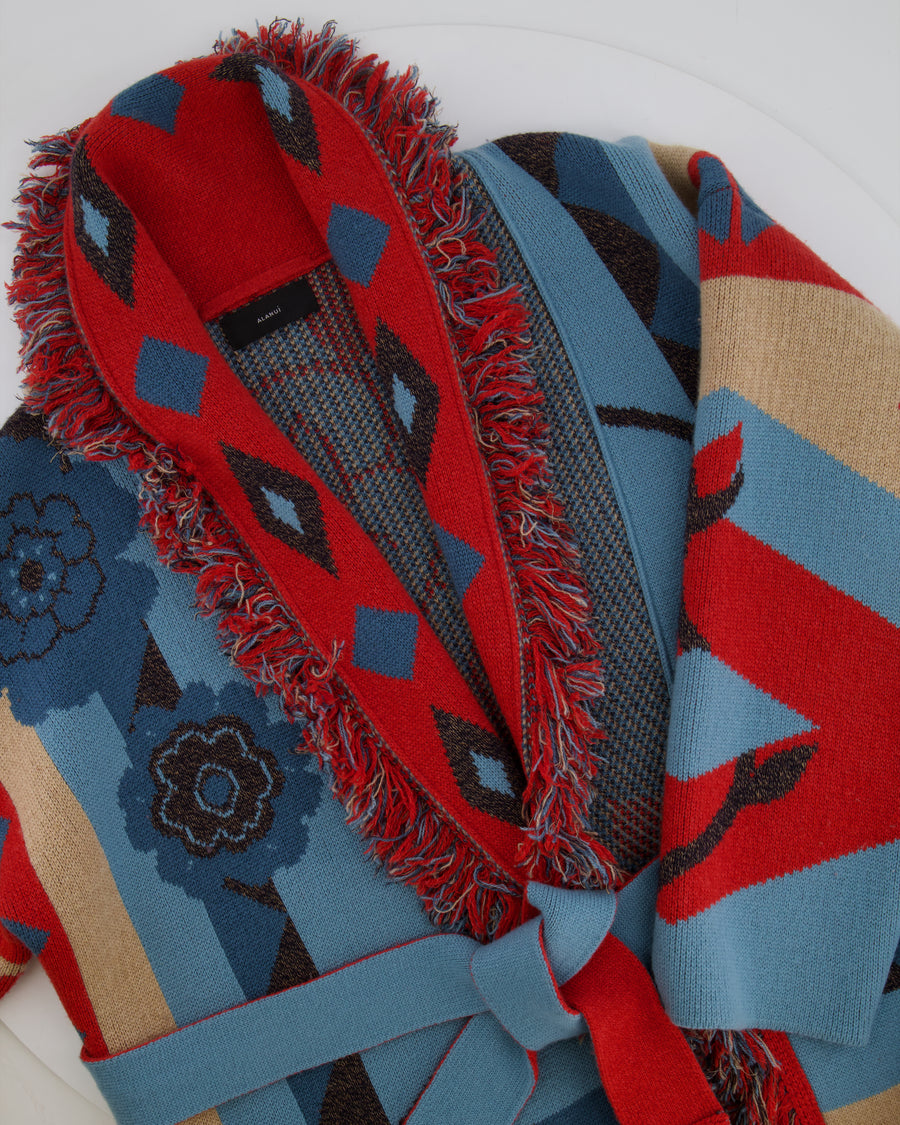 Alanui Red, Blue & Cream Belted Cashmere Jacquard Cardigan Size S (UK 8)