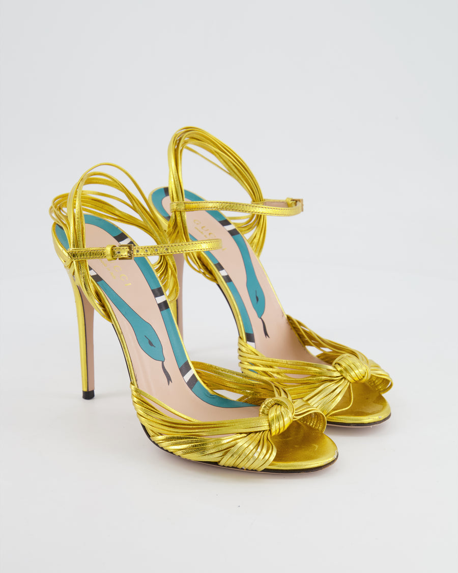 Gucci Metallic Gold Leather Allie Knotted Sandal Heels Size EU 38