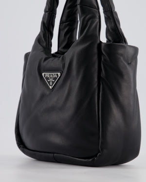 Prada Black Small Padded Leather Tote Bag with Silver Logo Plaque Detail