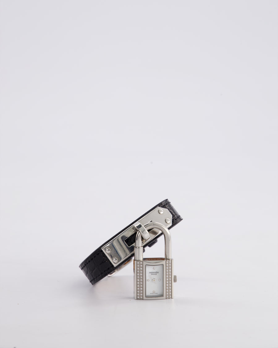 Hermès Kelly Stainless Steel, Diamonds, Black Alligator Crocodile strap and Mother of Pearl 20mm Watch