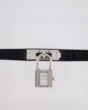 Hermès Kelly Stainless Steel, Diamonds, Black Alligator Crocodile strap and Mother of Pearl 20mm Watch