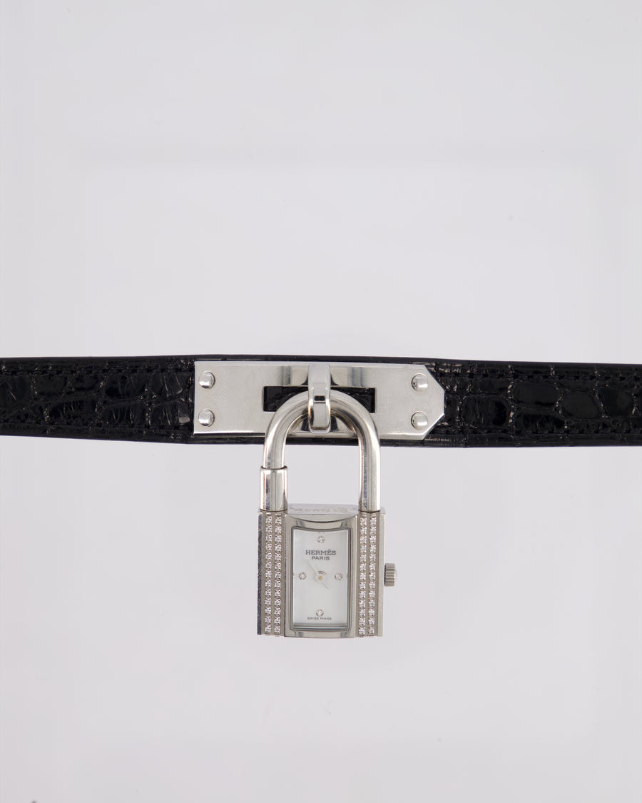 Hermès Kelly Stainless Steel, Diamonds, Black Alligator Crocodile strap and Mother of Pearl 20mm Watch