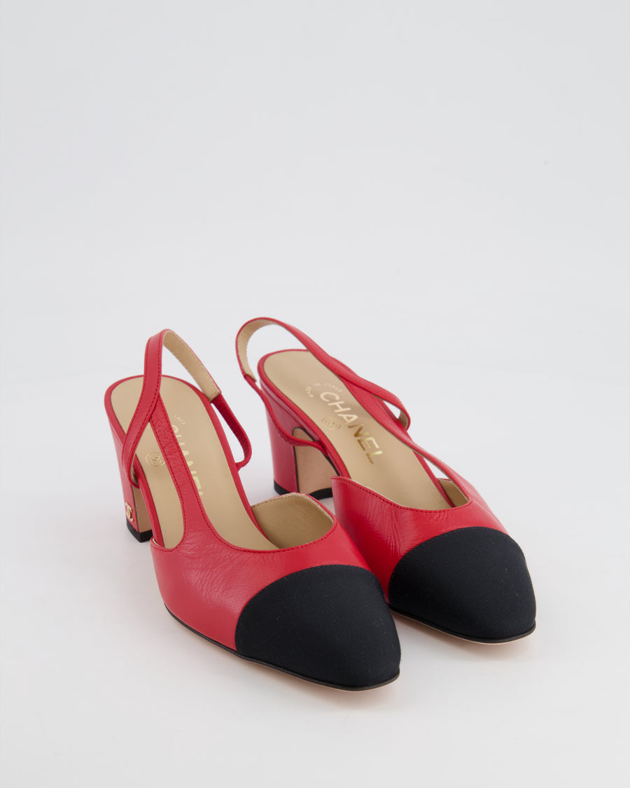 Chanel Red Leather Slingback Shoes with Gold CC Logo Detail Size 37