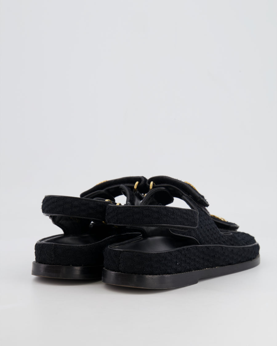 Chanel Black Tweed Dad Sandals with Pearl and Gold CC Logo Details Size 37.5