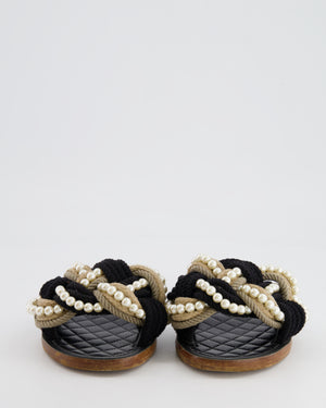 Chanel Black and Beige Rope Flat Mules with Pearl Details Size 37C
