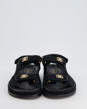 Chanel Black Tweed Dad Sandals with Pearl and Gold CC Logo Details Size 37.5
