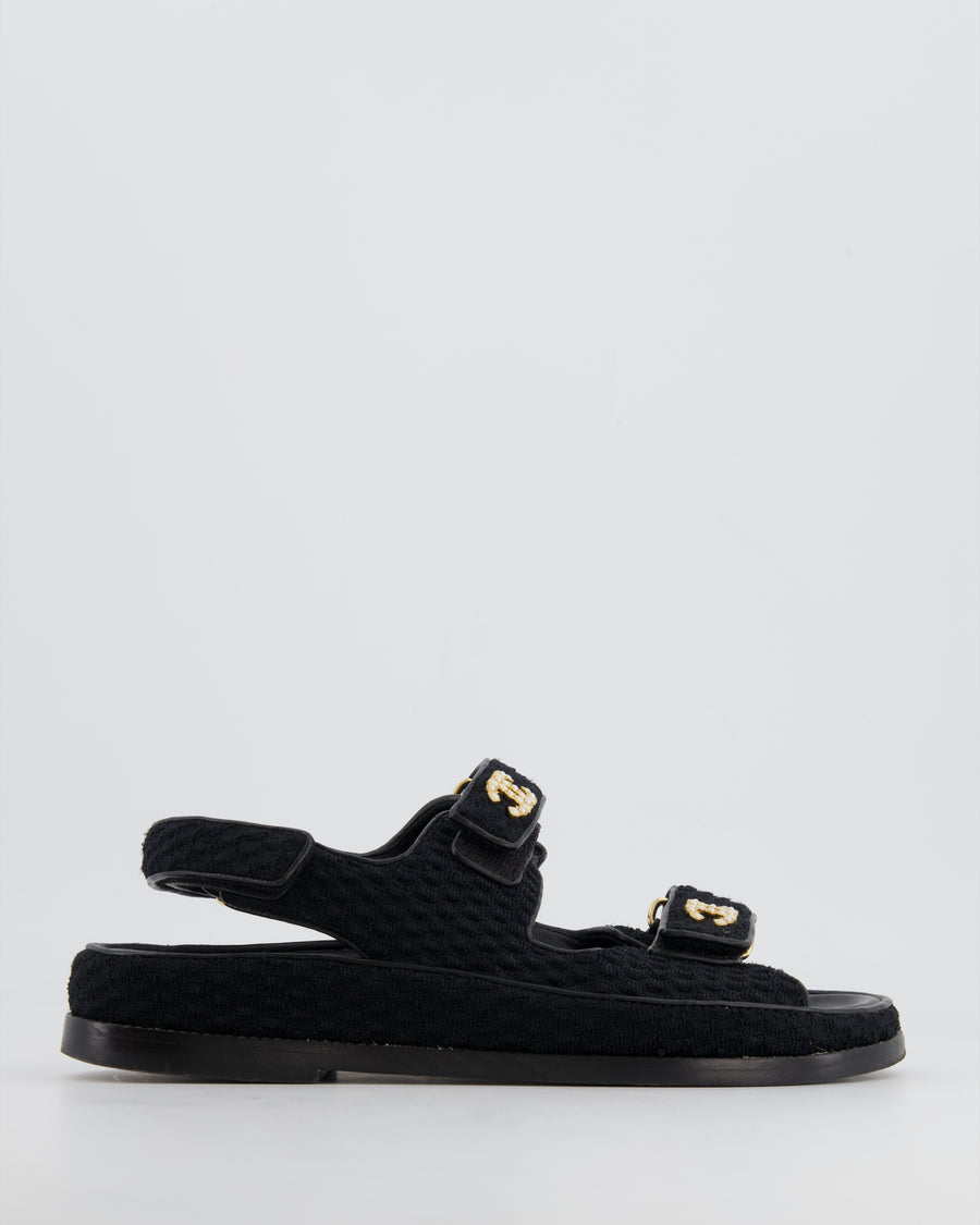 Chanel Black Tweed Dad Sandals with Pearl and Gold CC Logo Details Size 37.5