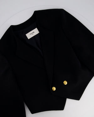 Celine Black Double Breasted Cropped Wool Jacket with Gold Triomphe Logo Button Detail Size FR 34 (UK 6)