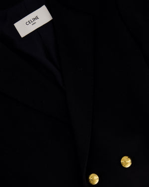 Celine Black Double Breasted Cropped Wool Jacket with Gold Triomphe Logo Button Detail Size FR 34 (UK 6)