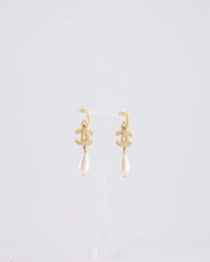 Chanel Brushed Gold and Crystal CC Logo Pearl Pendant Earrings
