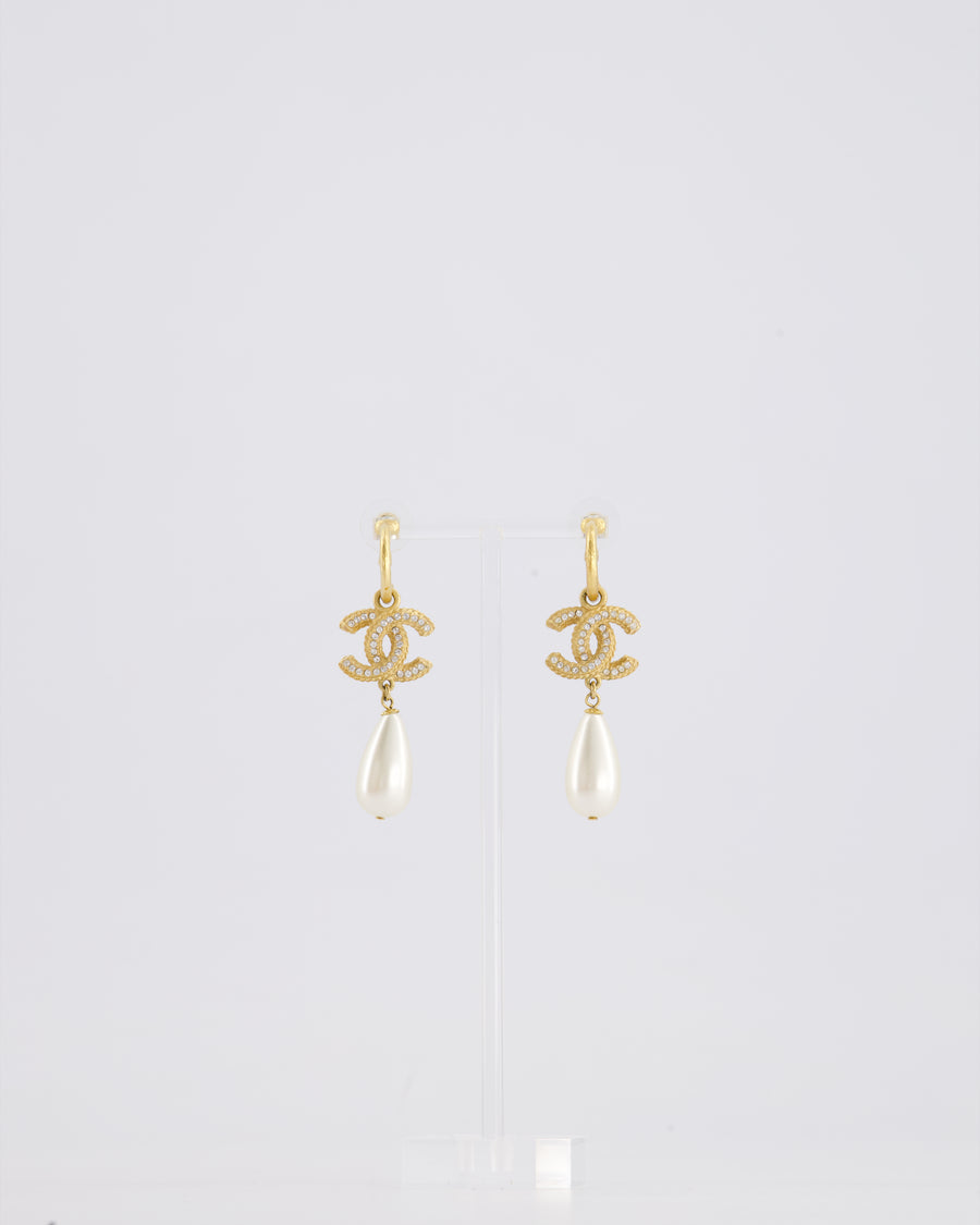 Chanel Brushed Gold and Crystal CC Logo Pearl Pendant Earrings