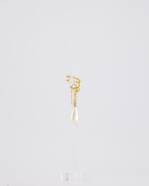 Chanel Brushed Gold and Crystal CC Logo Pearl Pendant Earrings