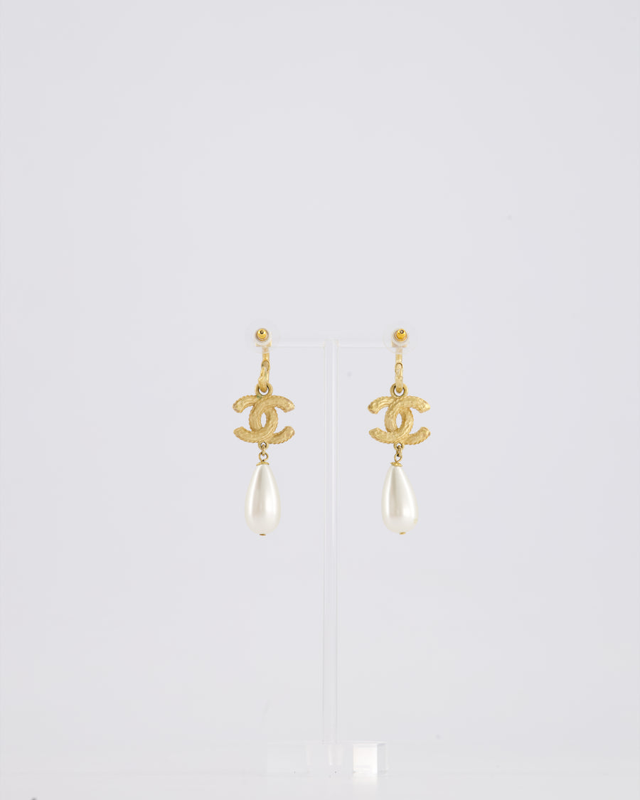 Chanel Brushed Gold and Crystal CC Logo Pearl Pendant Earrings