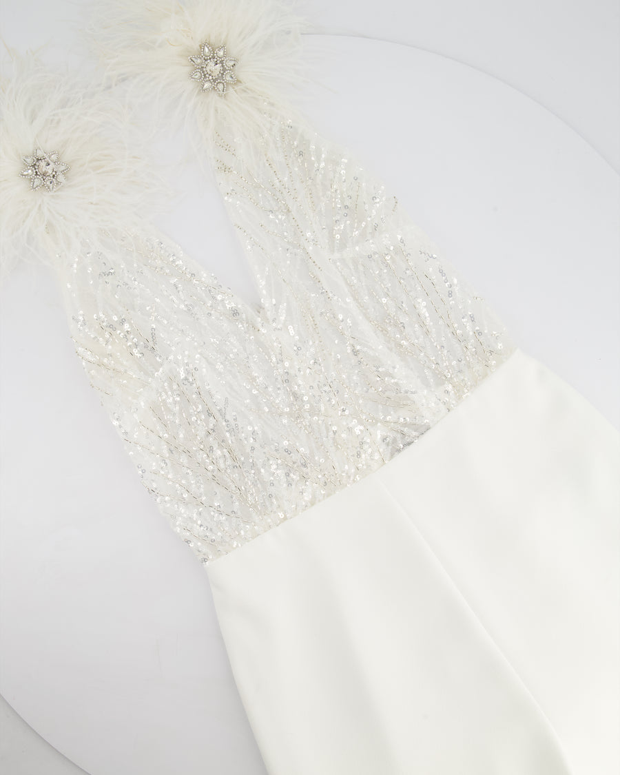 Nadine Merabi White Sequin and Feather Embellished Sleeveless Jumpsuit Size UK 8