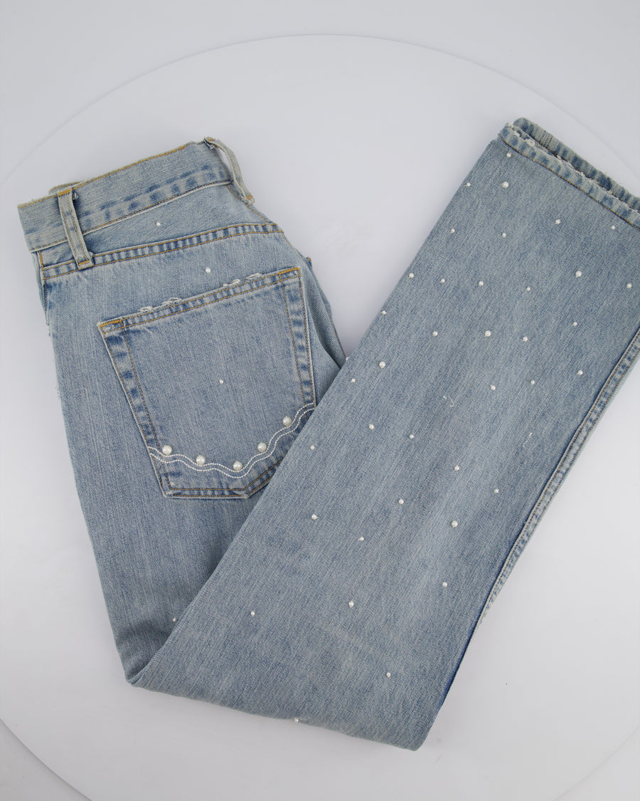 Jonathan Simkhai Blue Light Wash High-Waisted Straight Jeans with Distressed Detail and Pearl Embellishment Size 29 (UK 12)