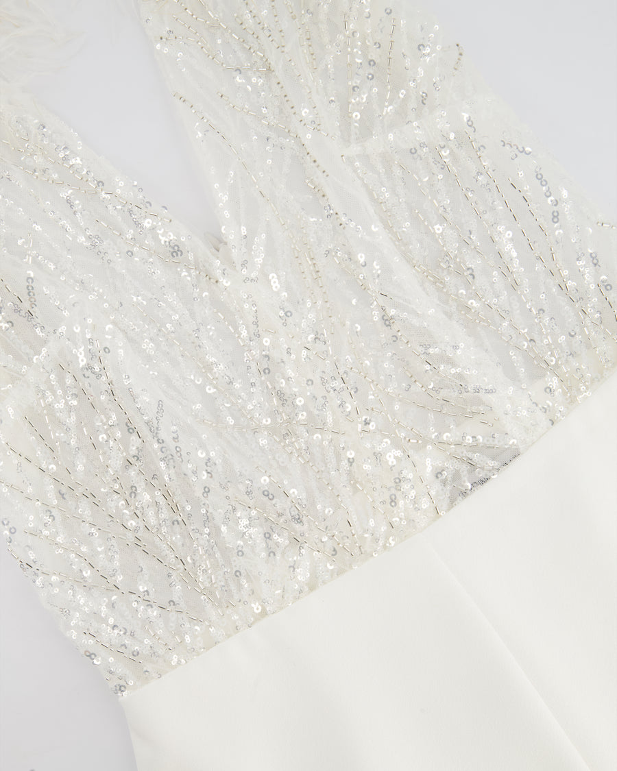 Nadine Merabi White Sequin and Feather Embellished Sleeveless Jumpsuit Size UK 8