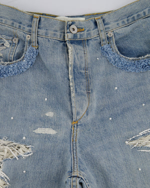 Jonathan Simkhai Blue Light Wash High-Waisted Straight Jeans with Distressed Detail and Pearl Embellishment Size 29 (UK 12)