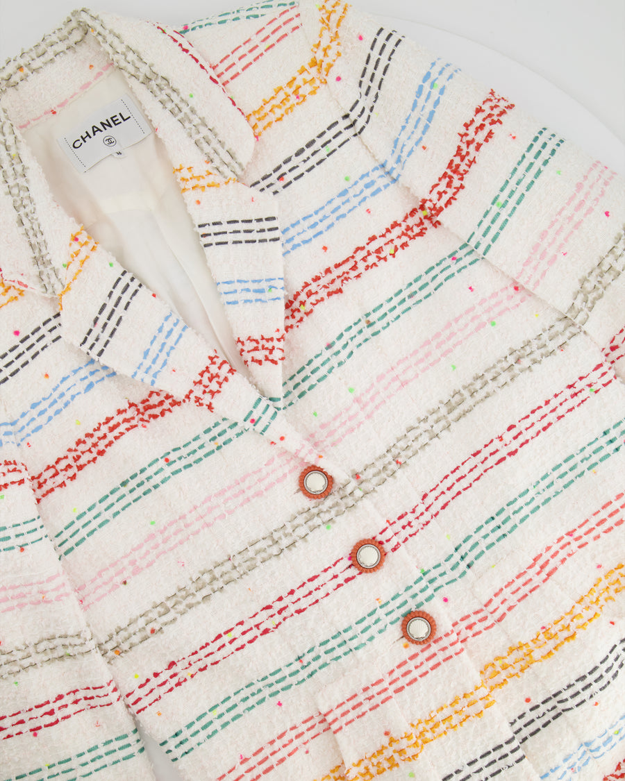 Chanel White and Multicolour Striped Jacket with CC Logo Button Detail Size FR 36 (UK 8) RRP £3980