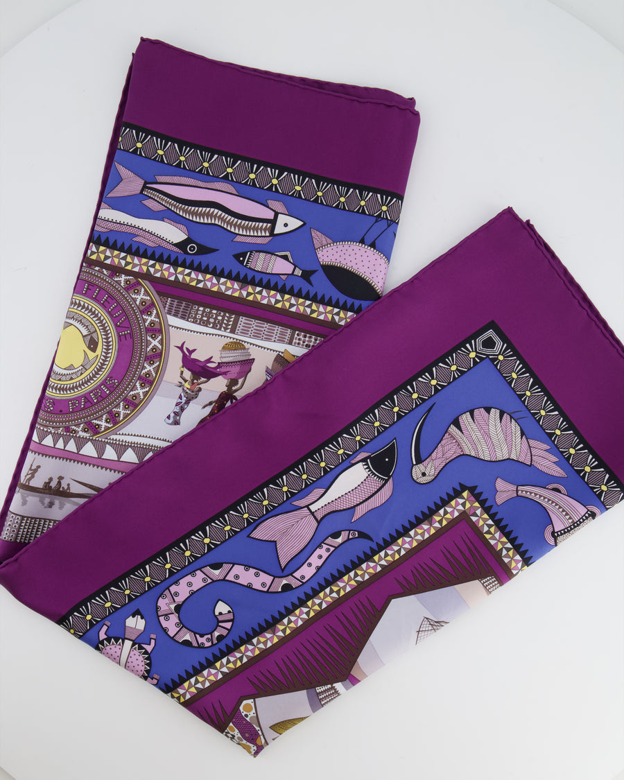 Hermès Purple and Blue 'Vie du Fleuve' Printed Silk Scarf 90x90cm