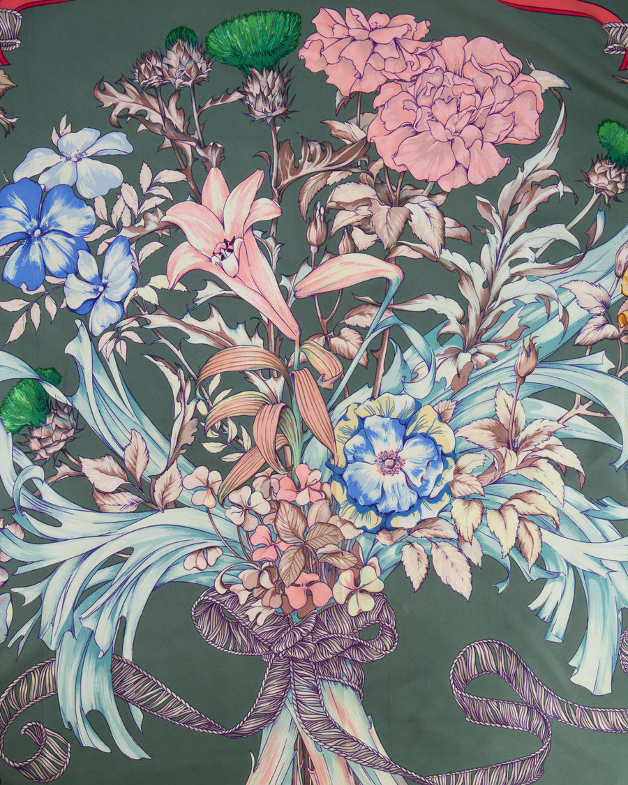 Hermès Green & Pink 'Regina' Floral Printed Silk Scarf 90x90cm