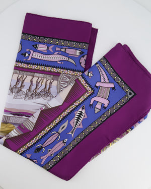 Hermès Purple and Blue 'Vie du Fleuve' Printed Silk Scarf 90x90cm