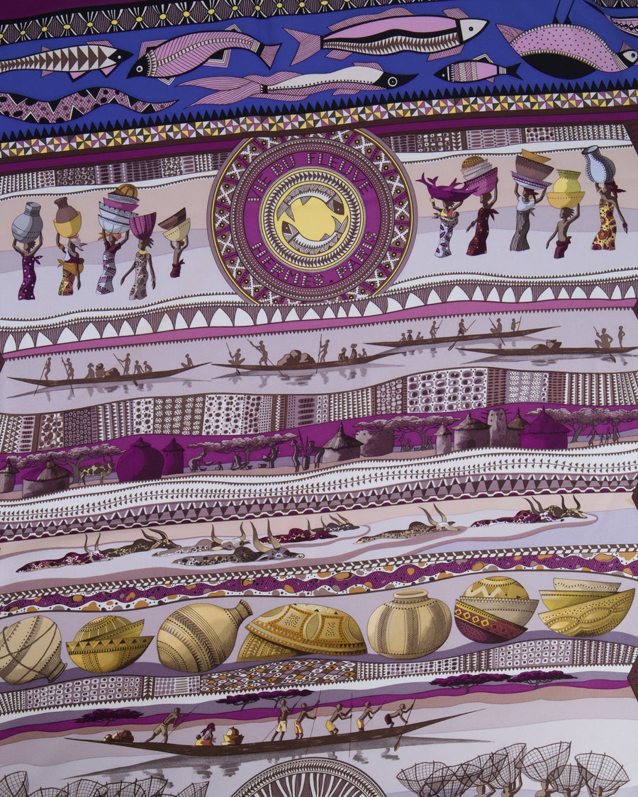Hermès Purple and Blue 'Vie du Fleuve' Printed Silk Scarf 90x90cm