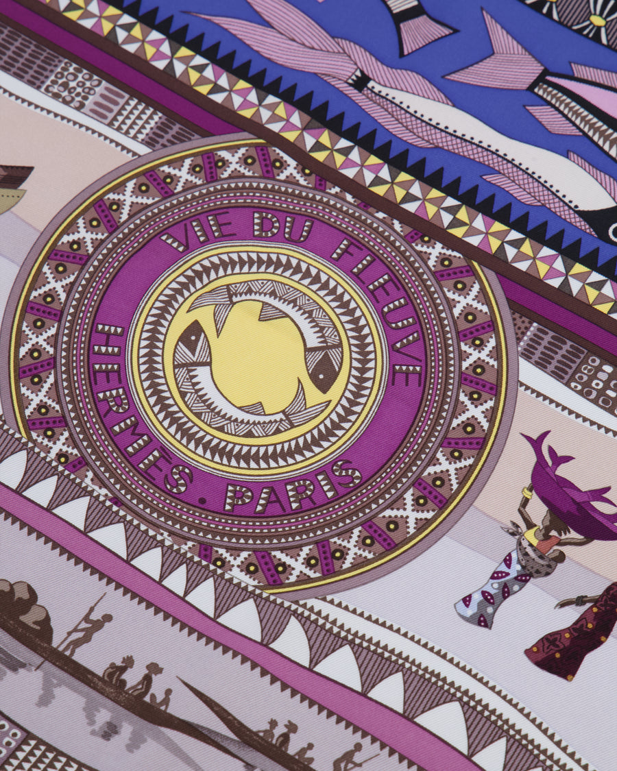 Hermès Purple and Blue 'Vie du Fleuve' Printed Silk Scarf 90x90cm