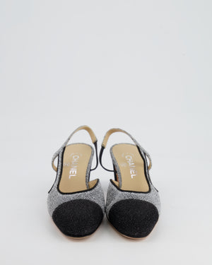 Chanel Silver and Black Shimmery Slingback Shoes with Silver CC Logo Detail Size 37C
