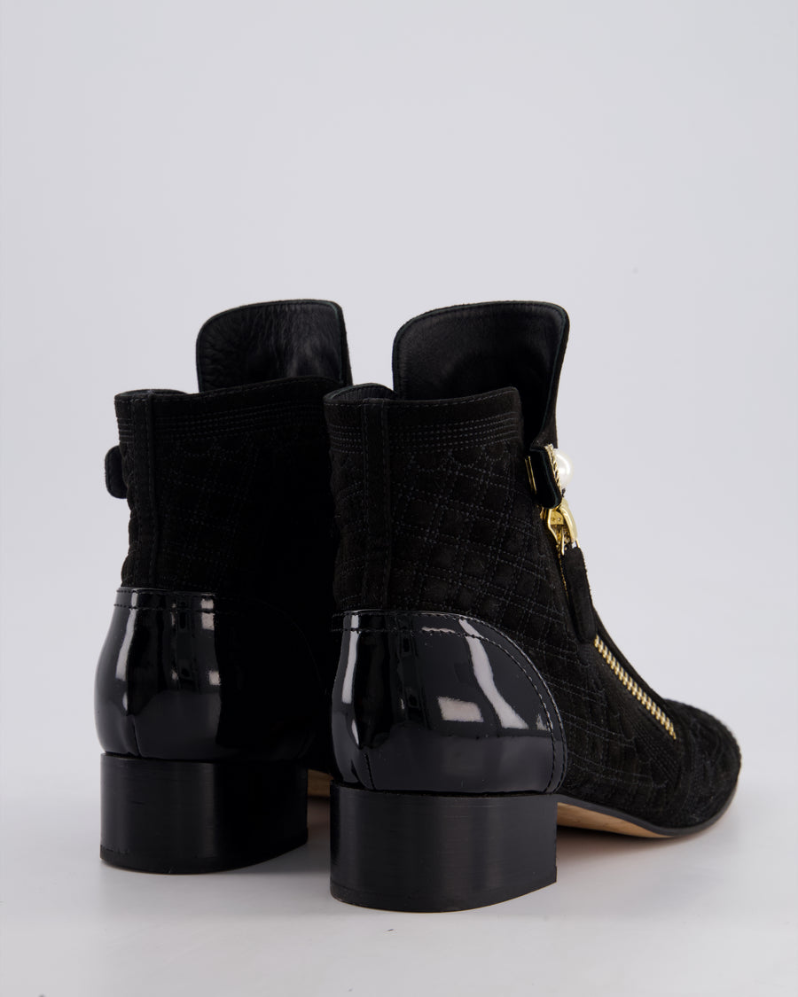 Chanel Black Suede Quilted CC Chelsea Boots with Gold Zip and Pearl Detail Size EU 38