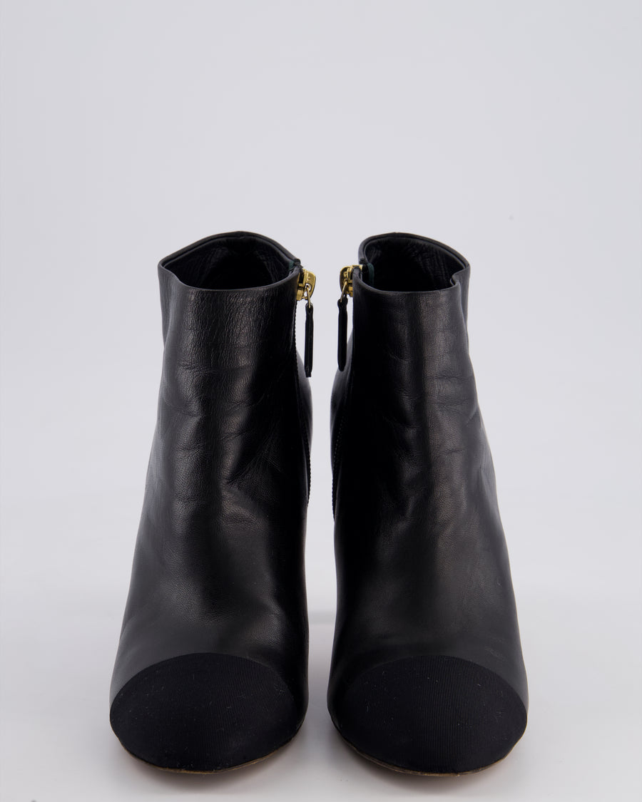 Chanel 13A Black Ankle Boots in Calfskin Leather with CC Gold Logo & Pearls Heels Details Size EU 39