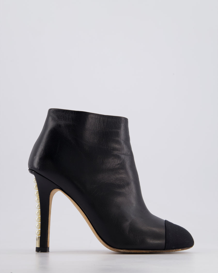 Chanel 13A Black Ankle Boots in Calfskin Leather with CC Gold Logo & Pearls Heels Details Size EU 39