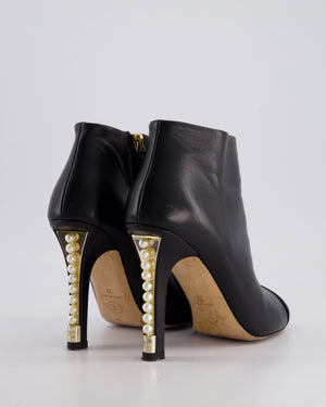 Chanel 13A Black Ankle Boots in Calfskin Leather with CC Gold Logo & Pearls Heels Details Size EU 39