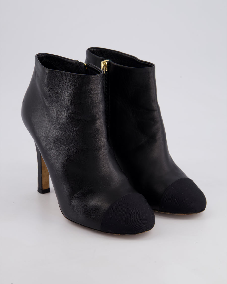 Chanel 13A Black Ankle Boots in Calfskin Leather with CC Gold Logo & Pearls Heels Details Size EU 39
