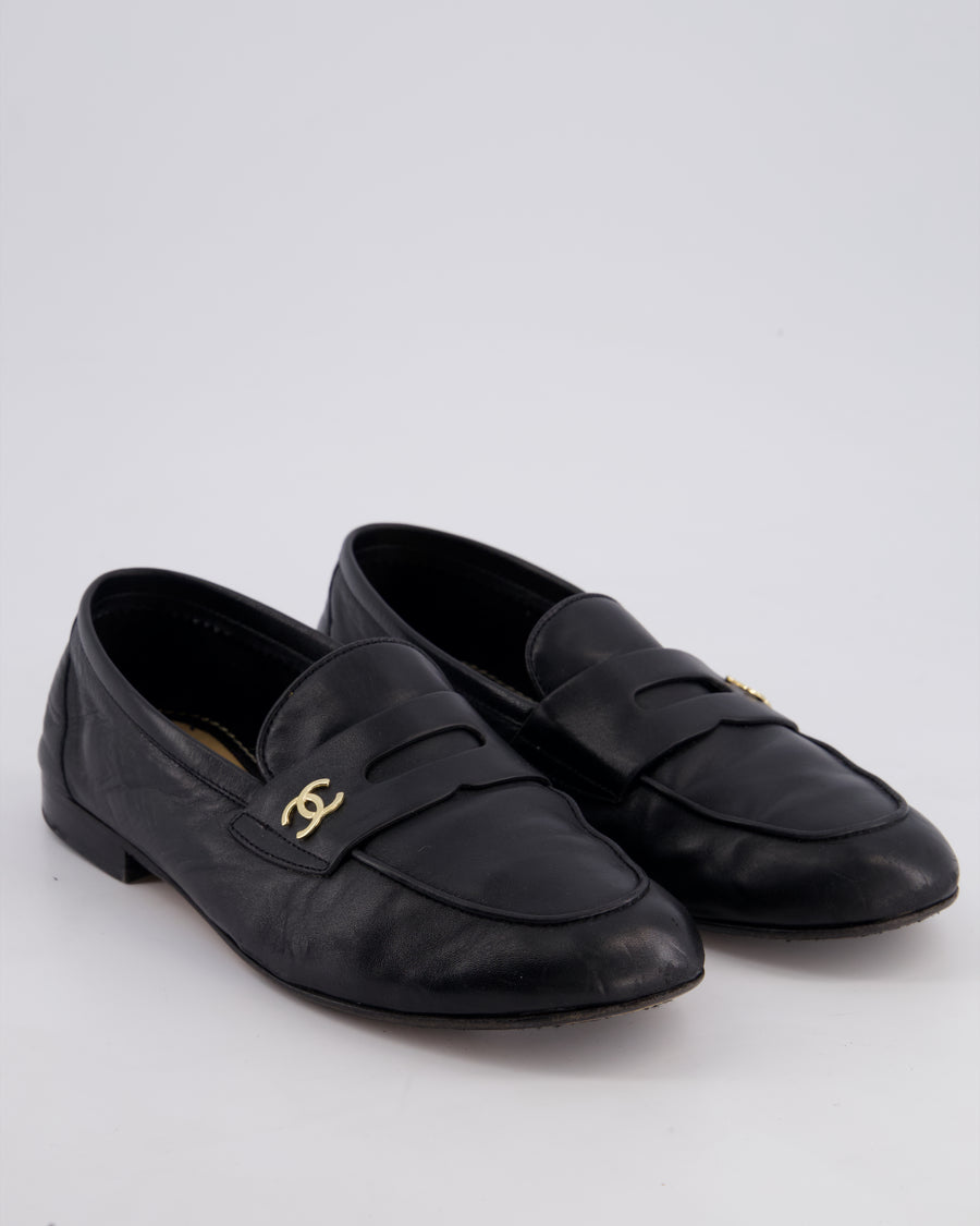 Chanel SS21 Black CC Lambskin Penny Loafers Size EU 38