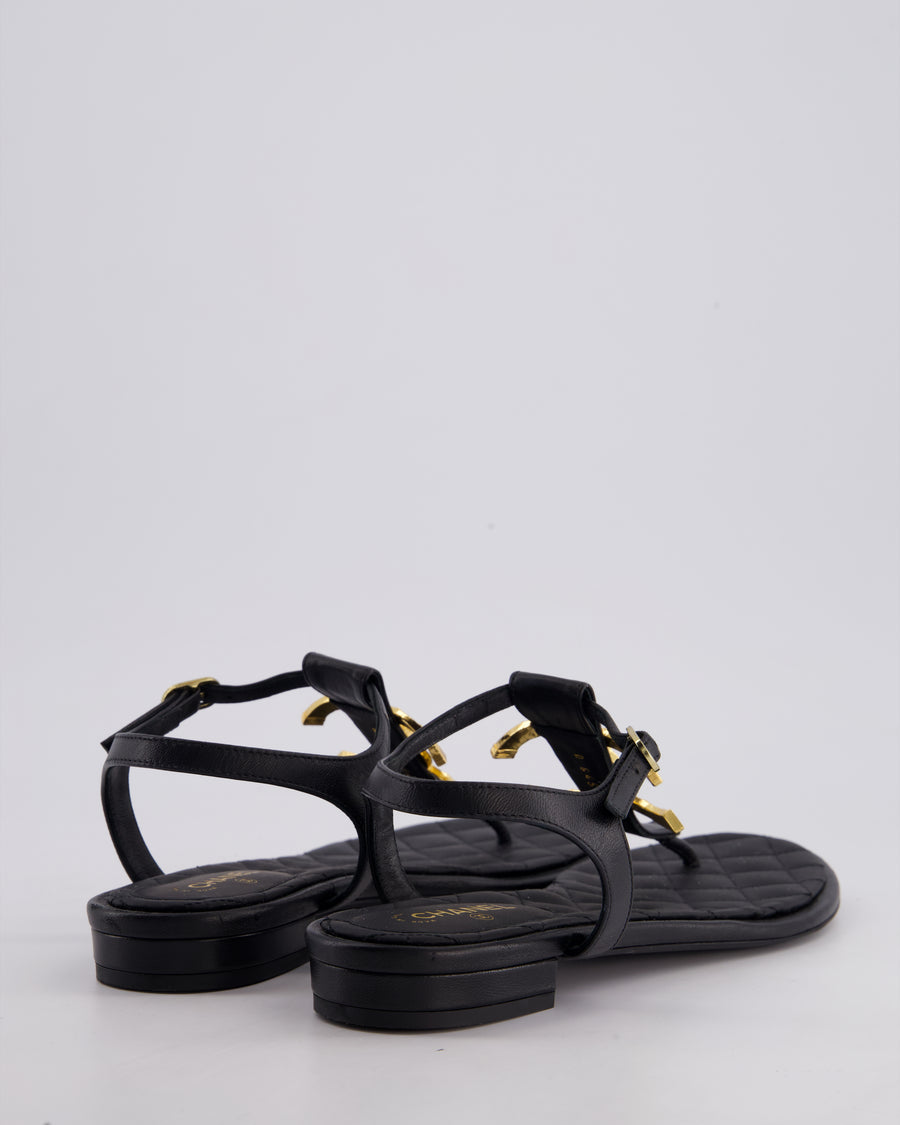 *HOT* Chanel Black Sandals with Large Gold CC Logo Detail Size 39C