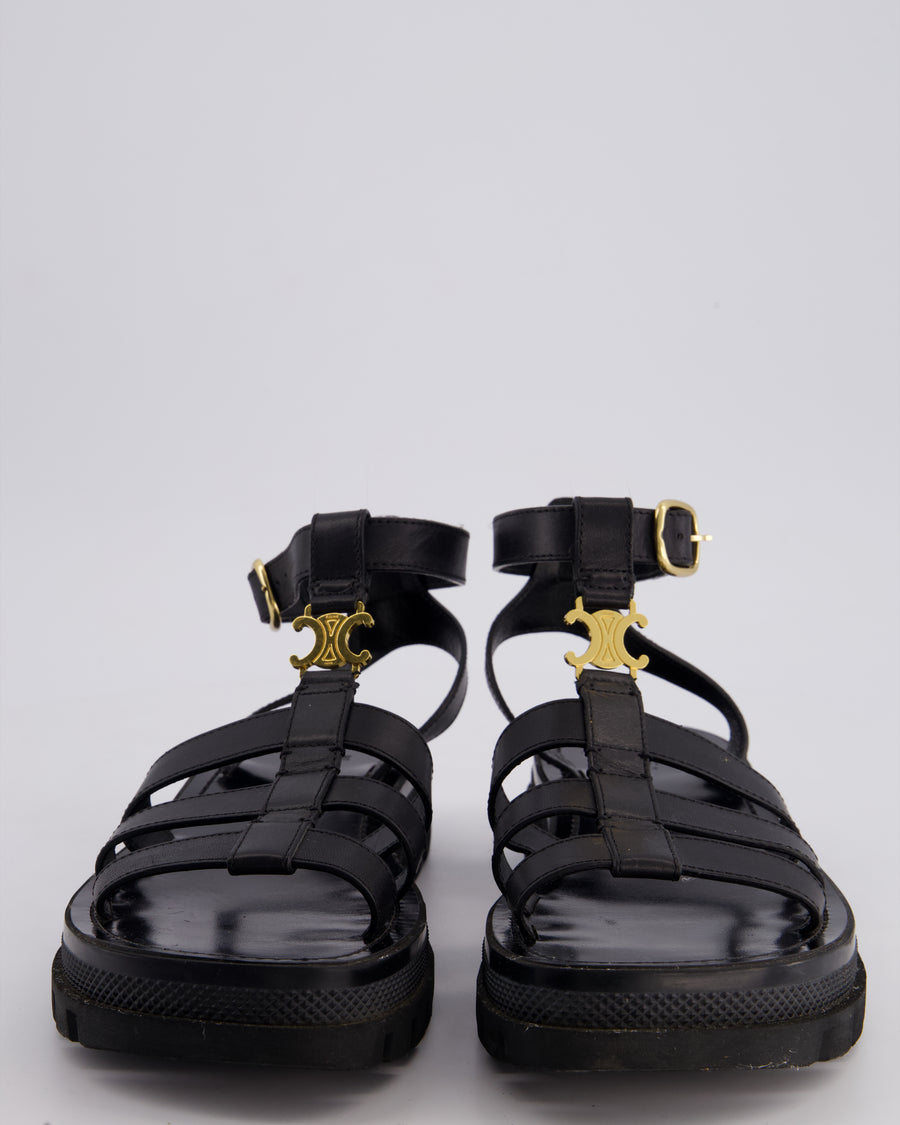 Celine Clea Triomphe Gladiator Sandals In Black Calfskin Leather With Gold Logo Detail Size 38