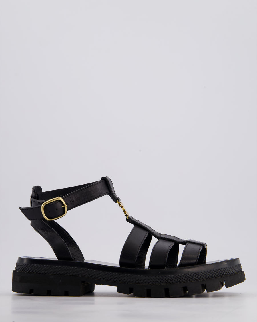 Celine Clea Triomphe Gladiator Sandals In Black Calfskin Leather With Gold Logo Detail Size 38