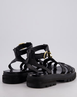 Celine Clea Triomphe Gladiator Sandals In Black Calfskin Leather With Gold Logo Detail Size 38