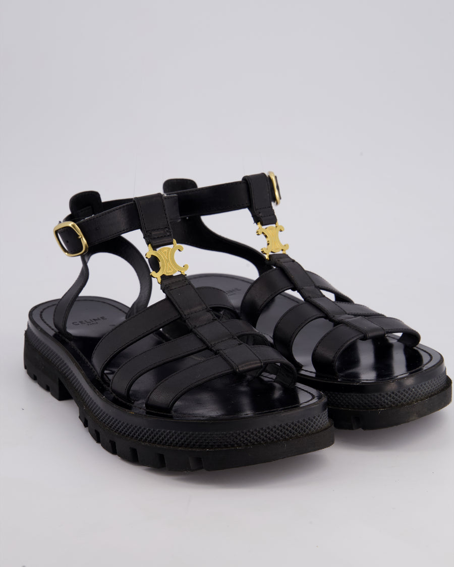 Celine Clea Triomphe Gladiator Sandals In Black Calfskin Leather With Gold Logo Detail Size 38