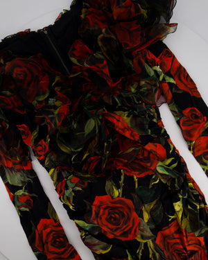 Dolce & Gabbana Black Red and Green Long Sleeve Rose Print Mini Dress with Mesh Ruffle Neckline Size IT 40 (UK 8)