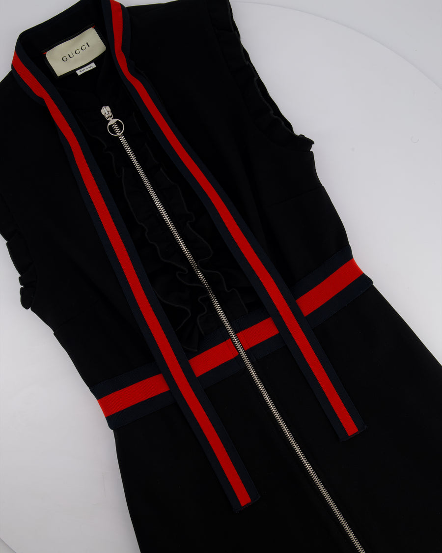 Gucci Black Sleeveless Ruffled Mini Dress with Red and Navy Tassel Detail Size M (UK 10)