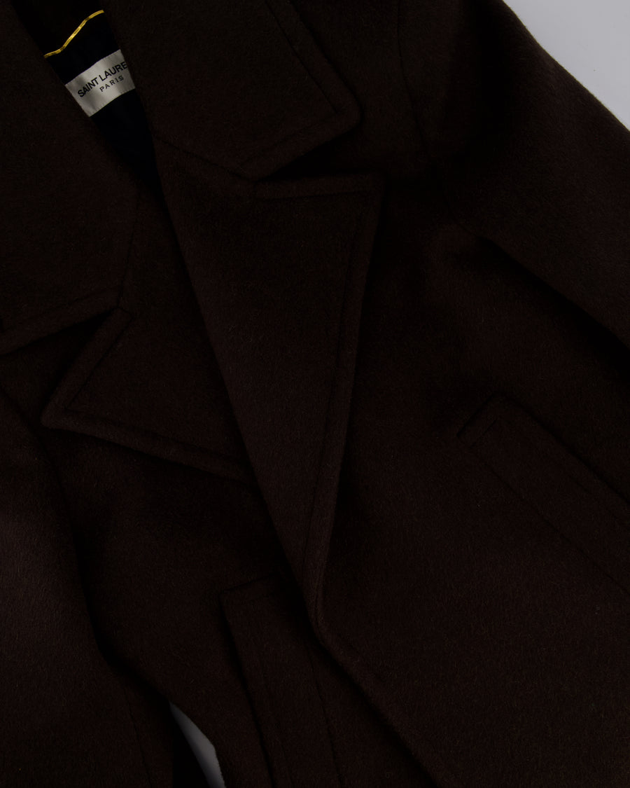 Saint Laurent Brown Cashmere Double Breasted Coat with Padded Shoulder Details Size FR 36 (UK 8)