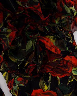 Dolce & Gabbana Black Red and Green Long Sleeve Rose Print Mini Dress with Mesh Ruffle Neckline Size IT 40 (UK 8)