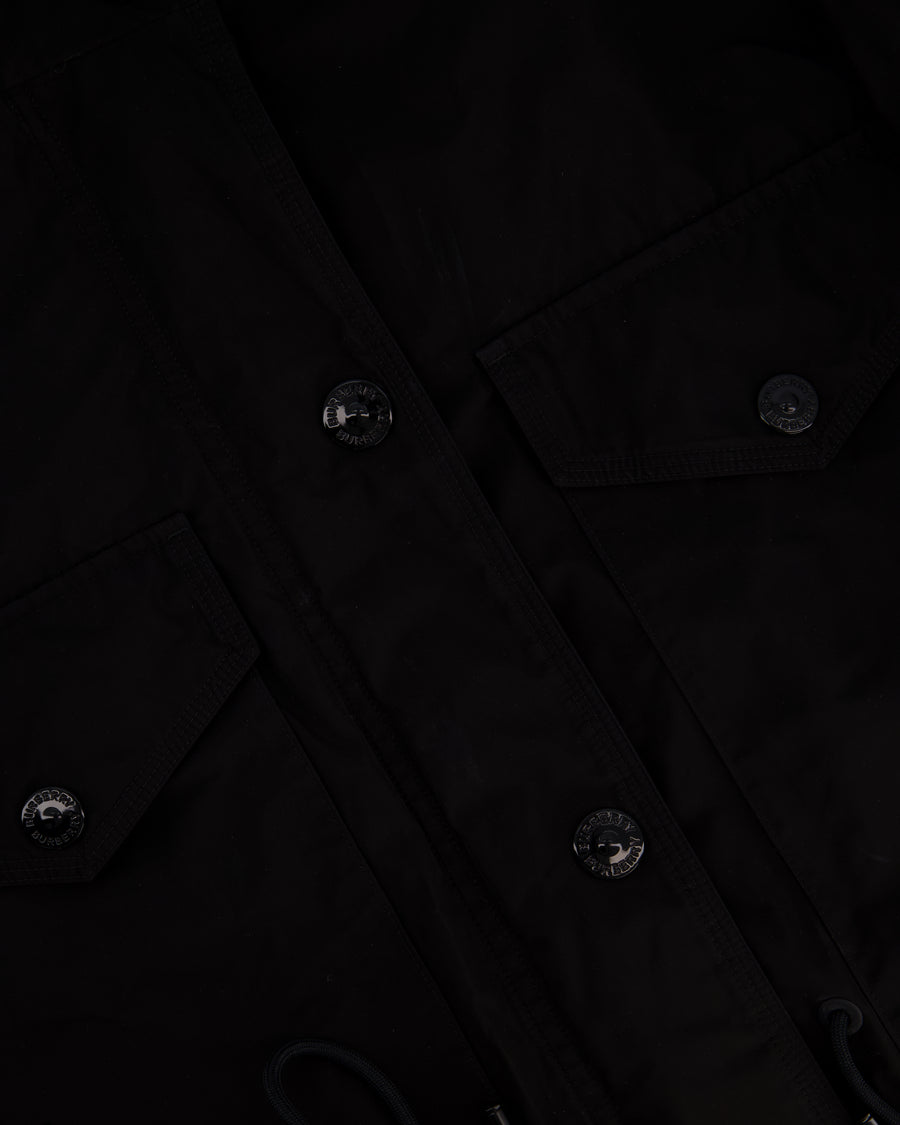 Burberry Black Nylon Trench Coat with Draw Strings Detail Size UK 6
