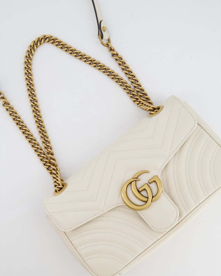 Gucci White GG Marmont Leather Shoulder Bag with Antique Gold Hardware RRP £2,070