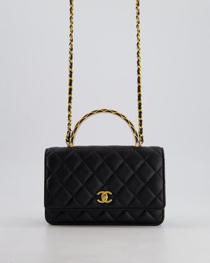 *HOT* Chanel Black Wallet on Chain Bag with Metal Quilted Top Handle in Lambskin Leather with Gold Hardware