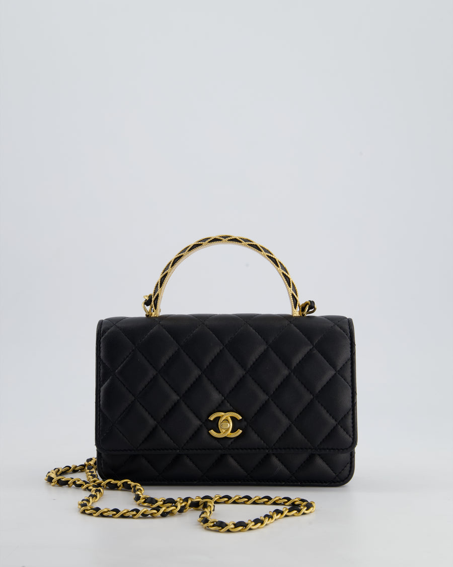 *HOT* Chanel Black Wallet on Chain Bag with Metal Quilted Top Handle in Lambskin Leather with Gold Hardware